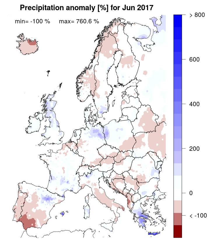 Precipitation anomaly [%] for June 2017, relative to a long-term average (1990-2013). Blue (red) denotes wetter (drier) conditions than normal