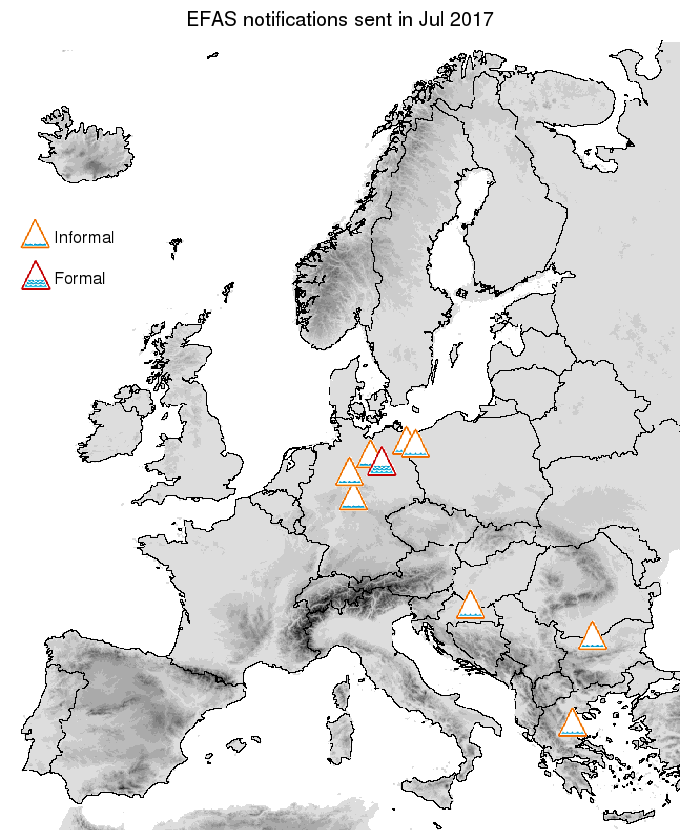 Figure 1. EFAS flood notifications sent for July 2017