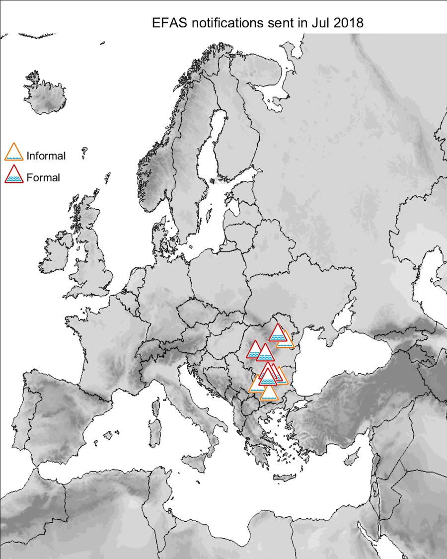 Figure 1. EFAS flood notifications sent for July 2018