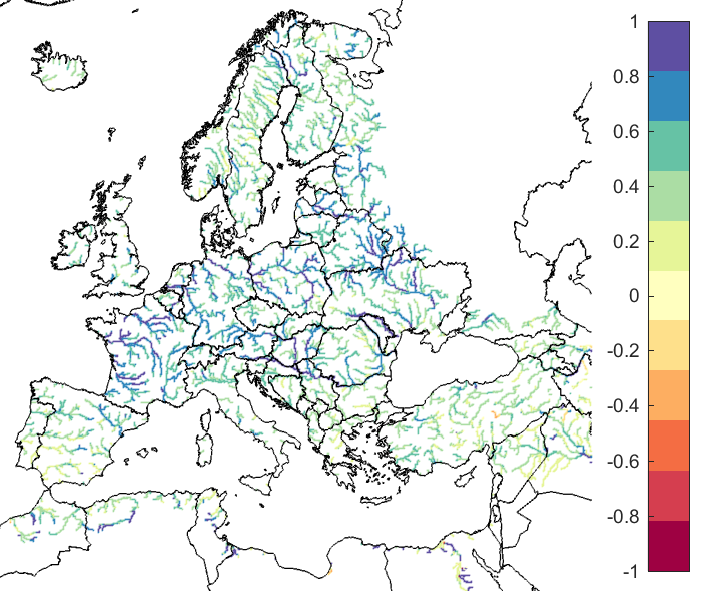 Figure 1. EFAS CRPSS at lead-time 3 days the June-July 2018 period, for catchments >2000km2. The reference score is persistence.