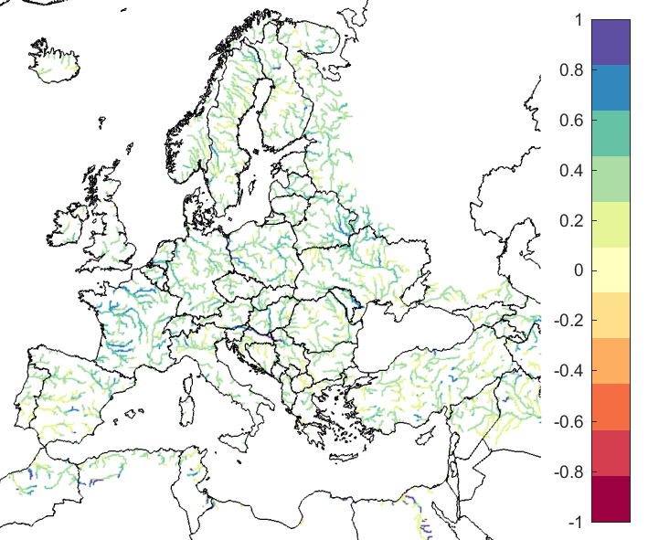 Figure 2. EFAS CRPSS at lead-time 7 days the June-July 2018 period, for catchments >2000km2. The reference score is persistence.