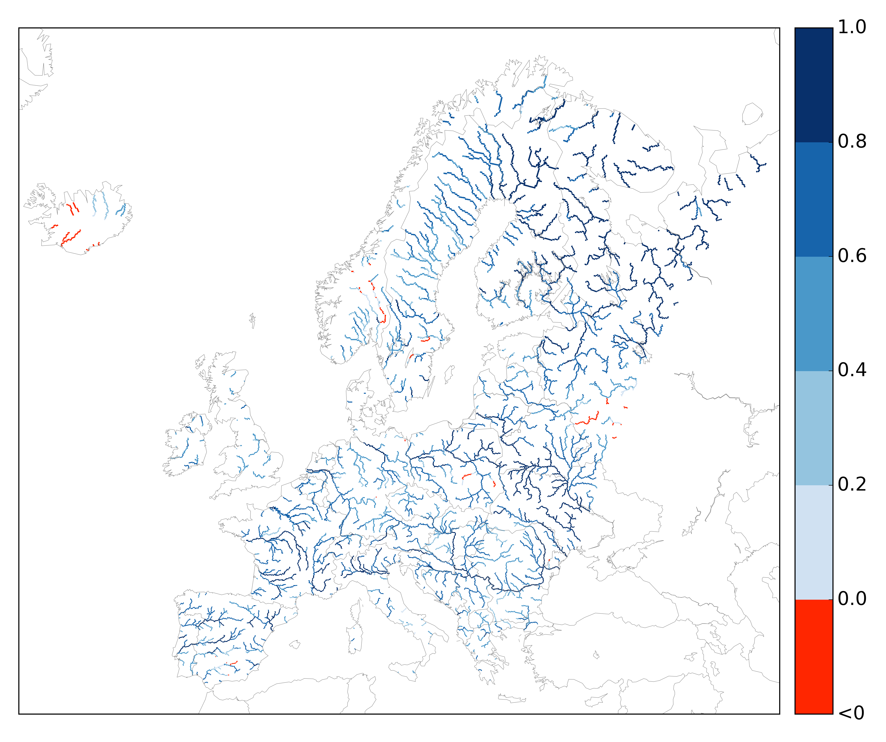 Figure 2. EFAS CRPSS at lead-time 10 days the February-March 2018 period, for catchments >2000km2. The reference score is persistence.