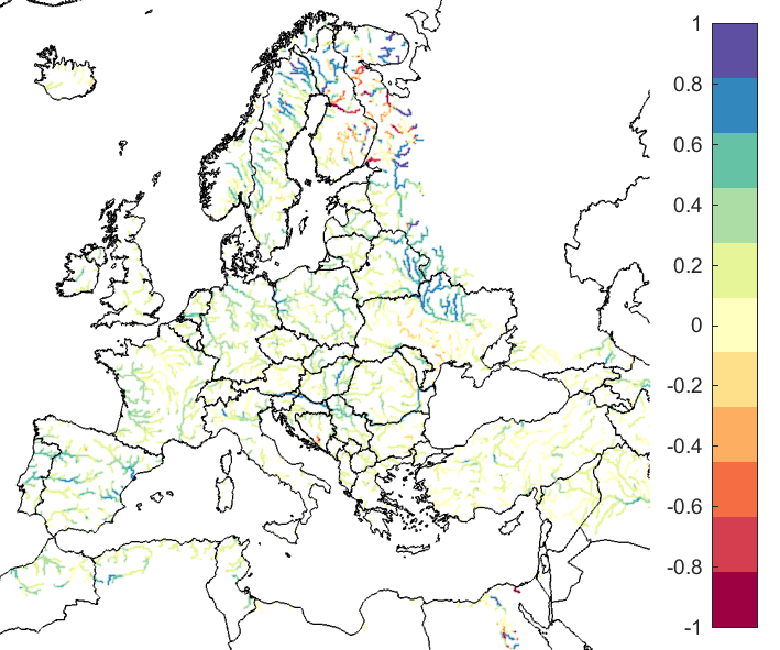 Figure 3. EFAS CRPSS at lead-time 7 days the Dec 2018-Jan 2019 period, for catchments >2000km2. The reference score is persistence.