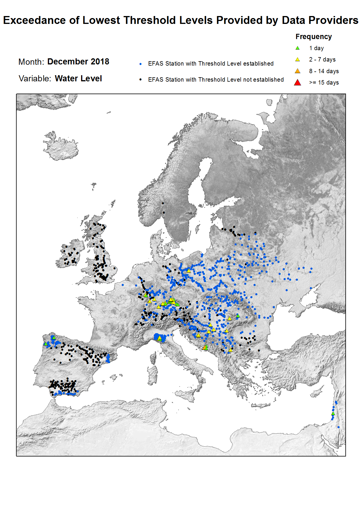 Figure 2. Lowest alert level exceedance for water level December 2018.