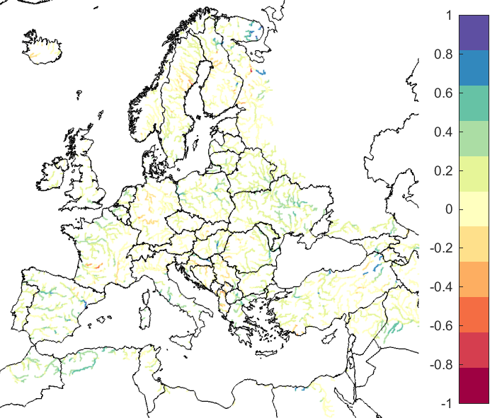 Figure 4. EFAS CRPSS at lead-time 10 days for February 2019, for catchments >2000km2. The reference score is persistence.