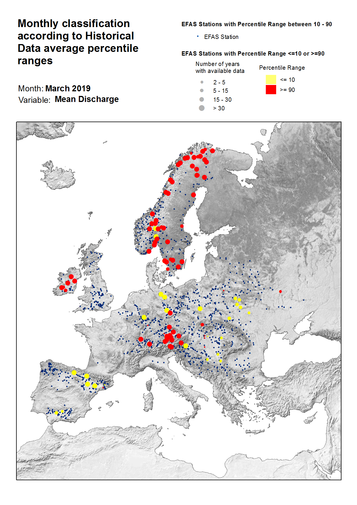 Figure 3. Classification of stations according to discharge historical data average percentile ranges for March 2019. 