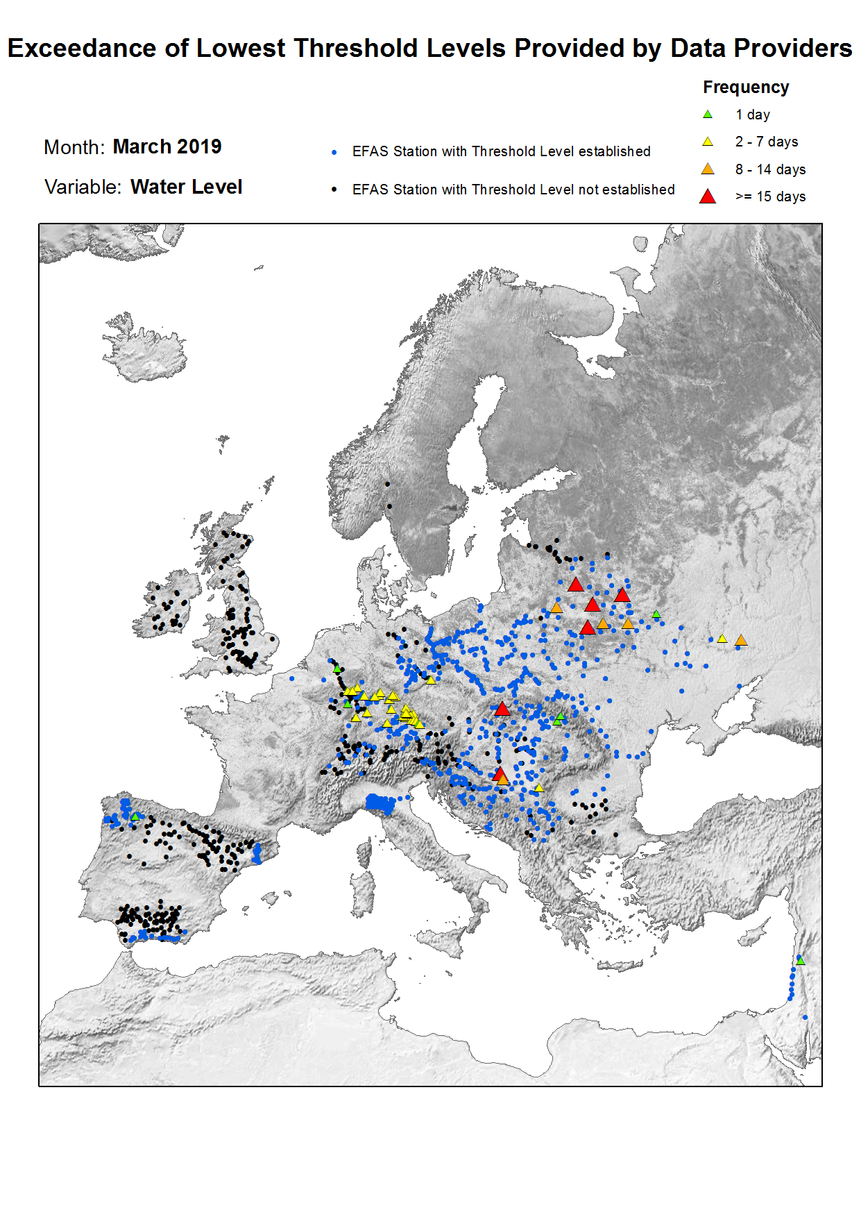 Figure 2. Exceedance of lowest water level threshold level for March 2019. 