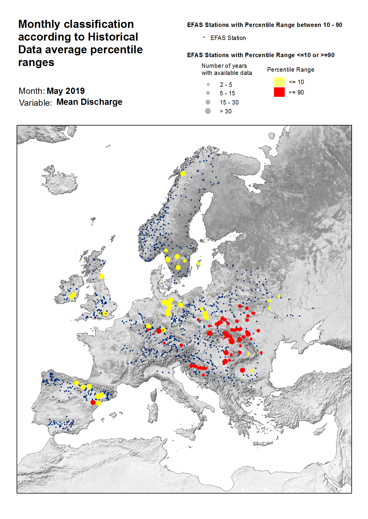 Figure 3. Classification of stations according to discharge historical data average percentile ranges for May 2019.