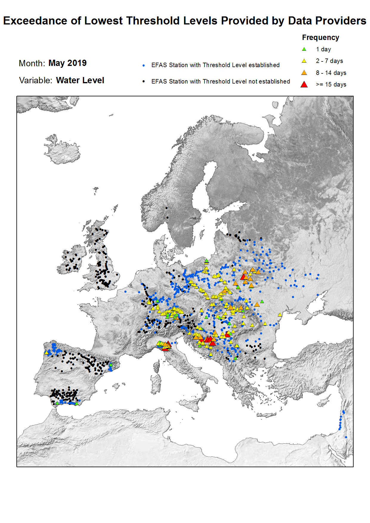 Figure 2. Exceedance of lowest water level threshold level for May 2019. 