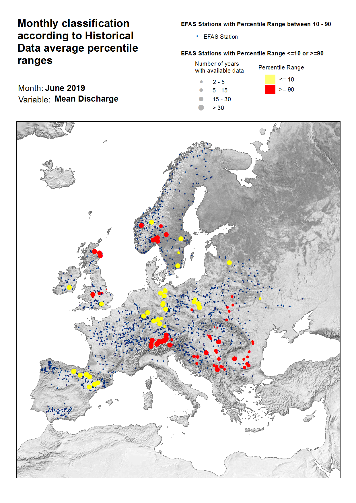 Figure 3. Classification of stations according to discharge historical data average percentile ranges for Jun 2019.