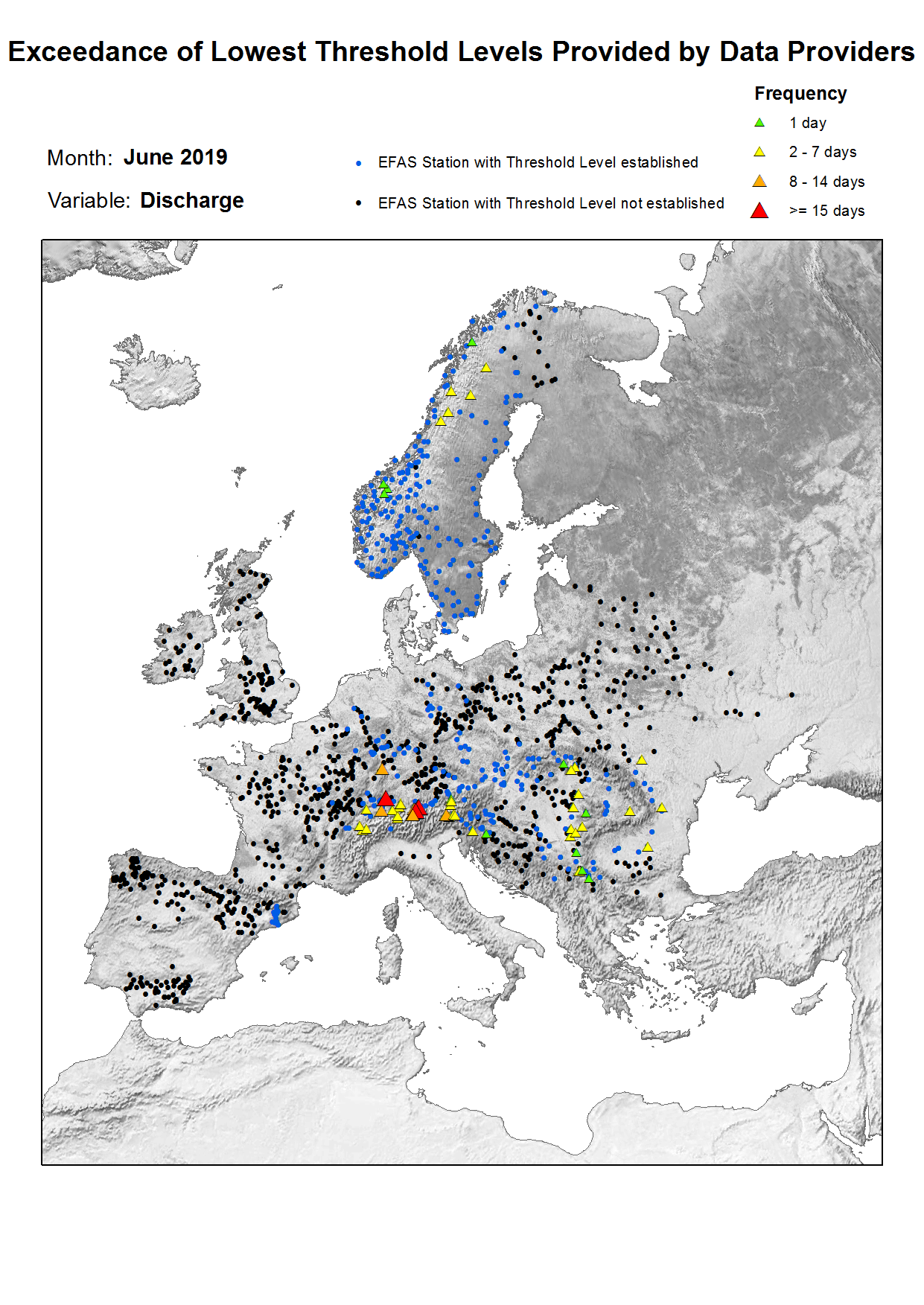 Figure 1. Exceedance of lowest discharge threshold level for June 2019. 