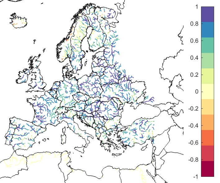 Figure 1. EFAS CRPSS at lead-time 1 day for December 2019, for 