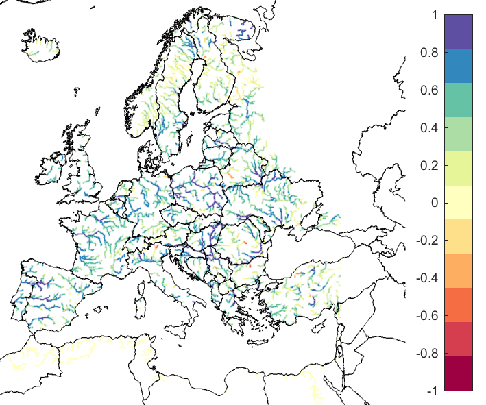 Figure 2. EFAS CRPSS at lead-time 3 days for February 2020, for catchments >2000km2. The reference score is persistence.