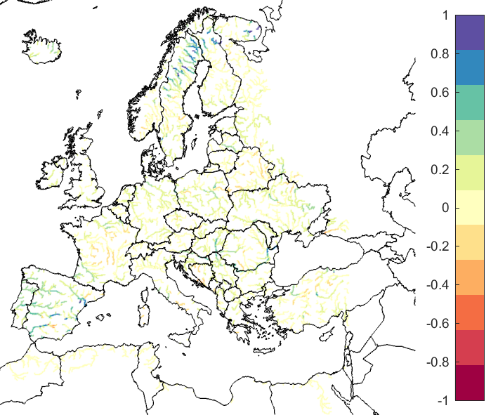 Figure 4. EFAS CRPSS at lead-time 10 days for February 2020, for catchments >2000km2. The reference score is persistence.