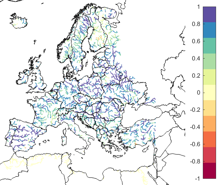 Figure 1. EFAS CRPSS at lead-time 1 day for February 2020, for catchments >2000km2. The reference score is persistence. 