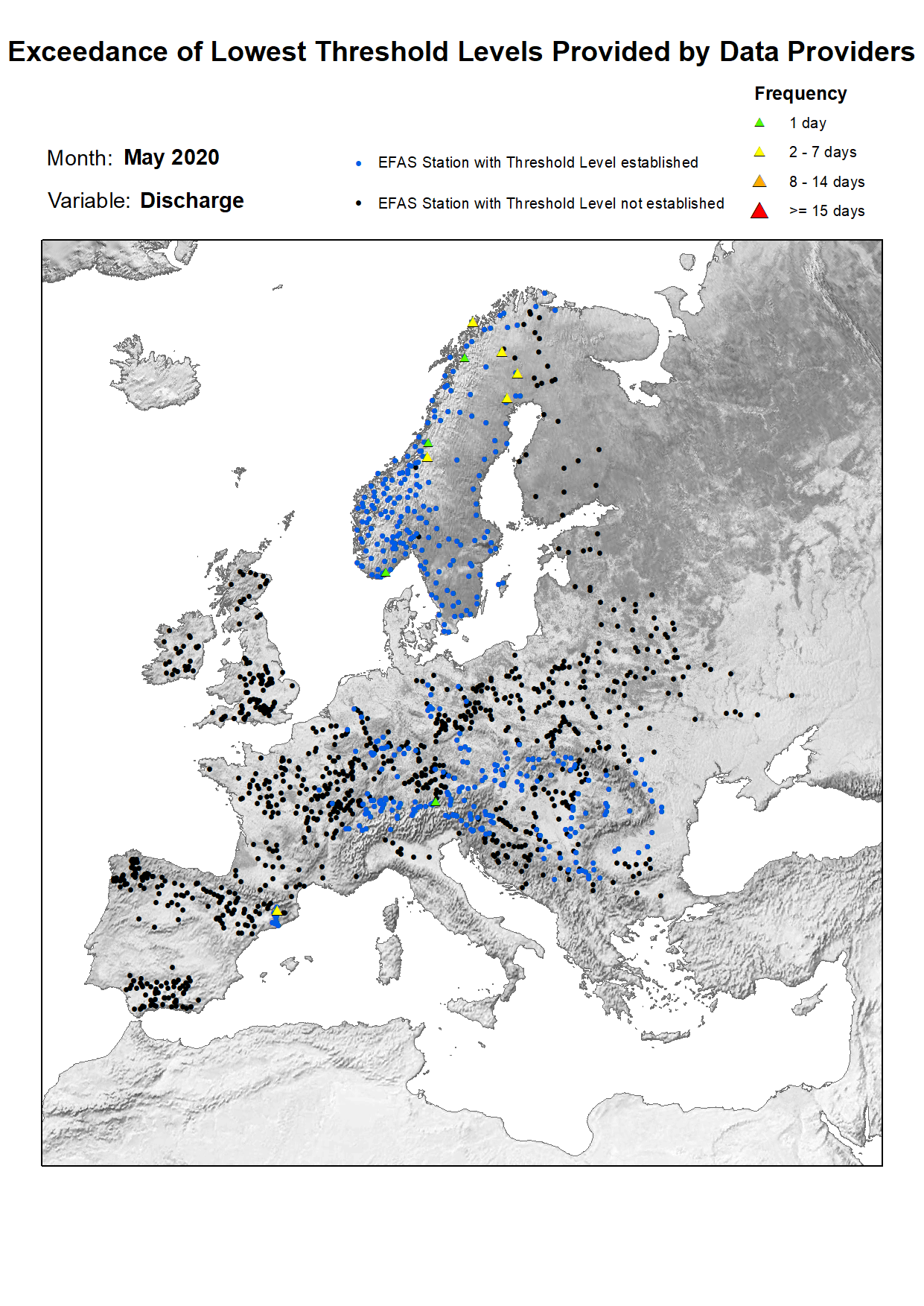 Figure 1. Exceedance of lowest discharge threshold level for May 2020.