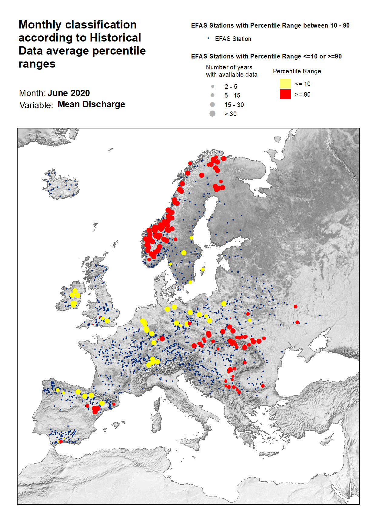 Figure 3. Classification of stations according to discharge historical data average percentile ranges for June 2020.