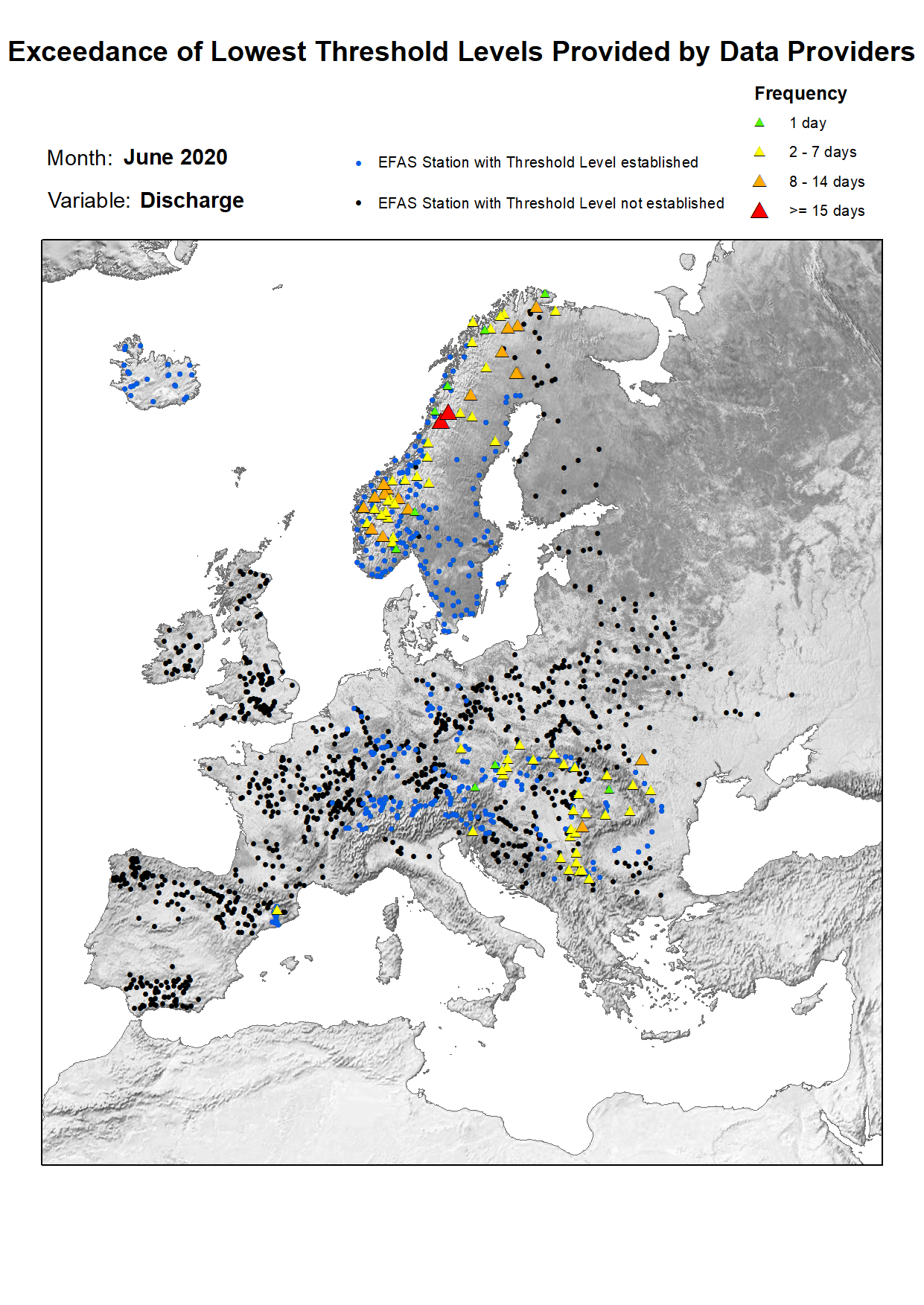 Figure 1. Exceedance of lowest discharge threshold level for June 2020.