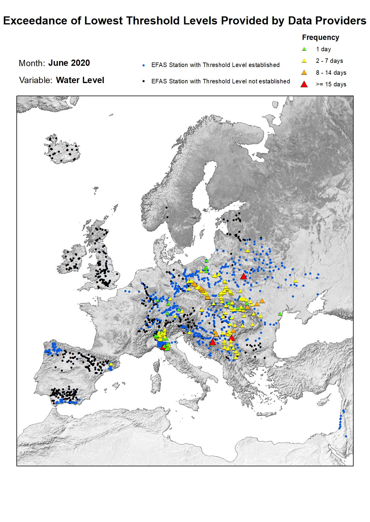 Figure 2. Exceedance of lowest water level threshold level for June 2020.