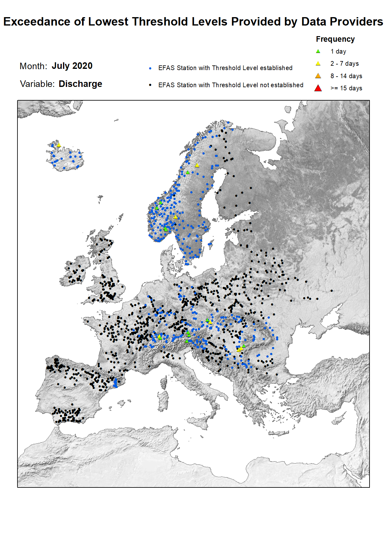 Figure 1. Exceedance of lowest discharge threshold level for July 2020