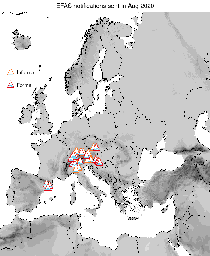 Figure 1. EFAS flood notifications sent for August 2020