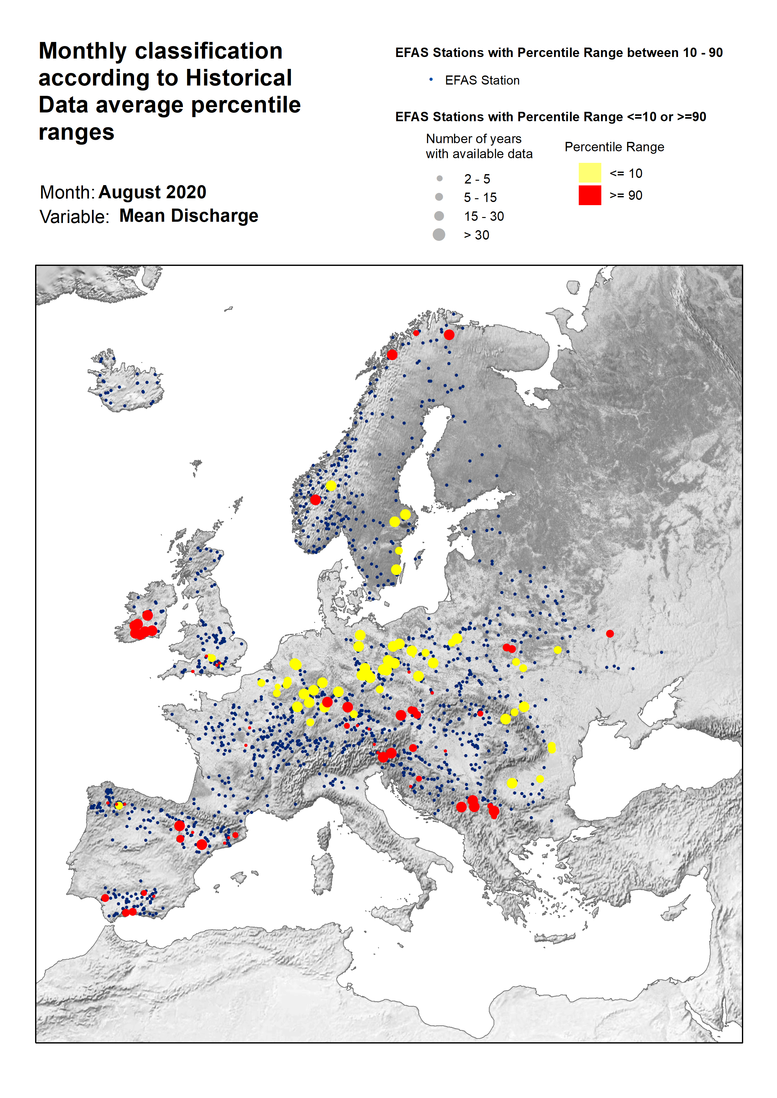 Figure 3. Classification of stations according to discharge historical data average percentile ranges for August 2020.