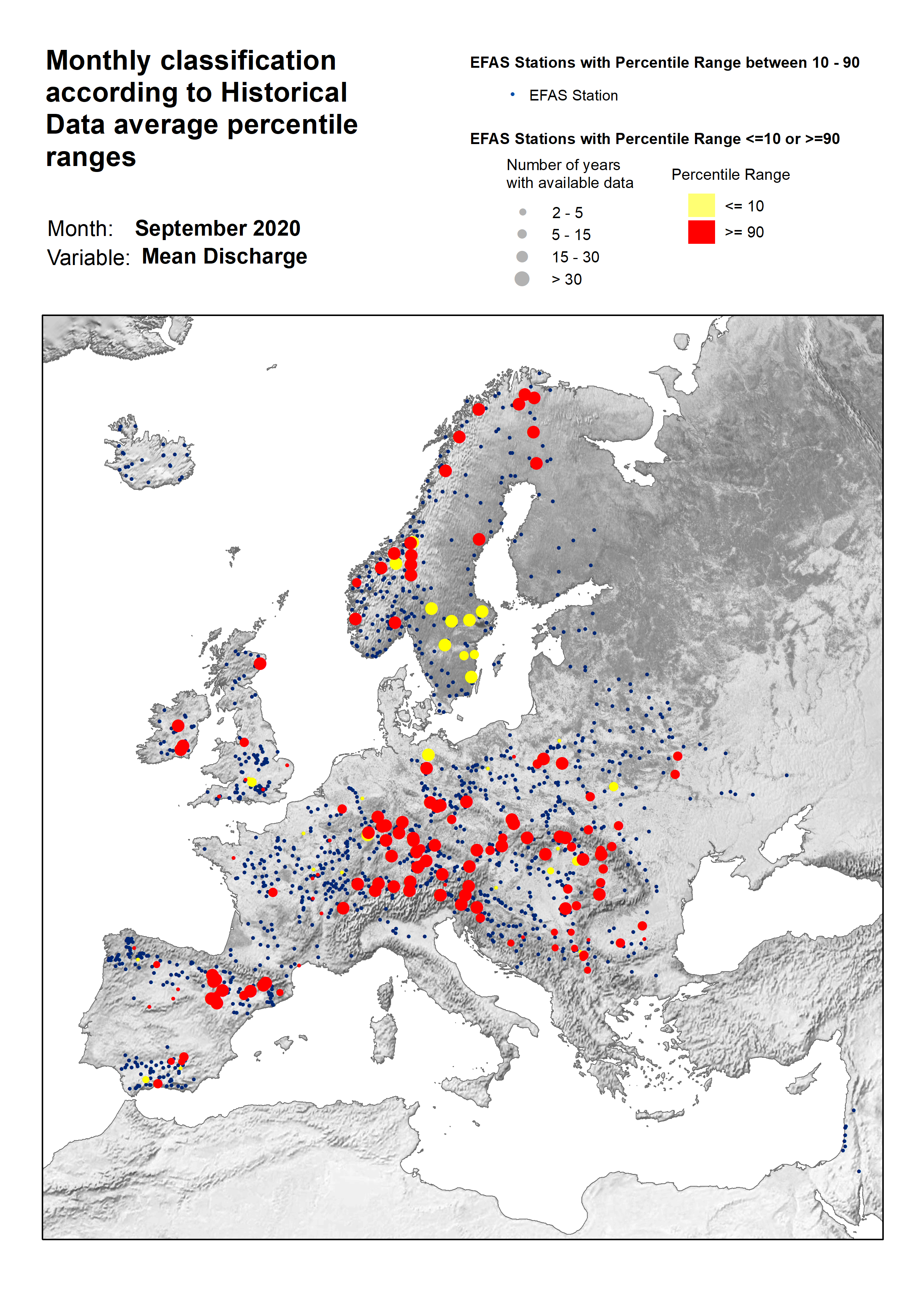 Figure 3. Classification of stations according to discharge historical data average percentile ranges for September 2020.