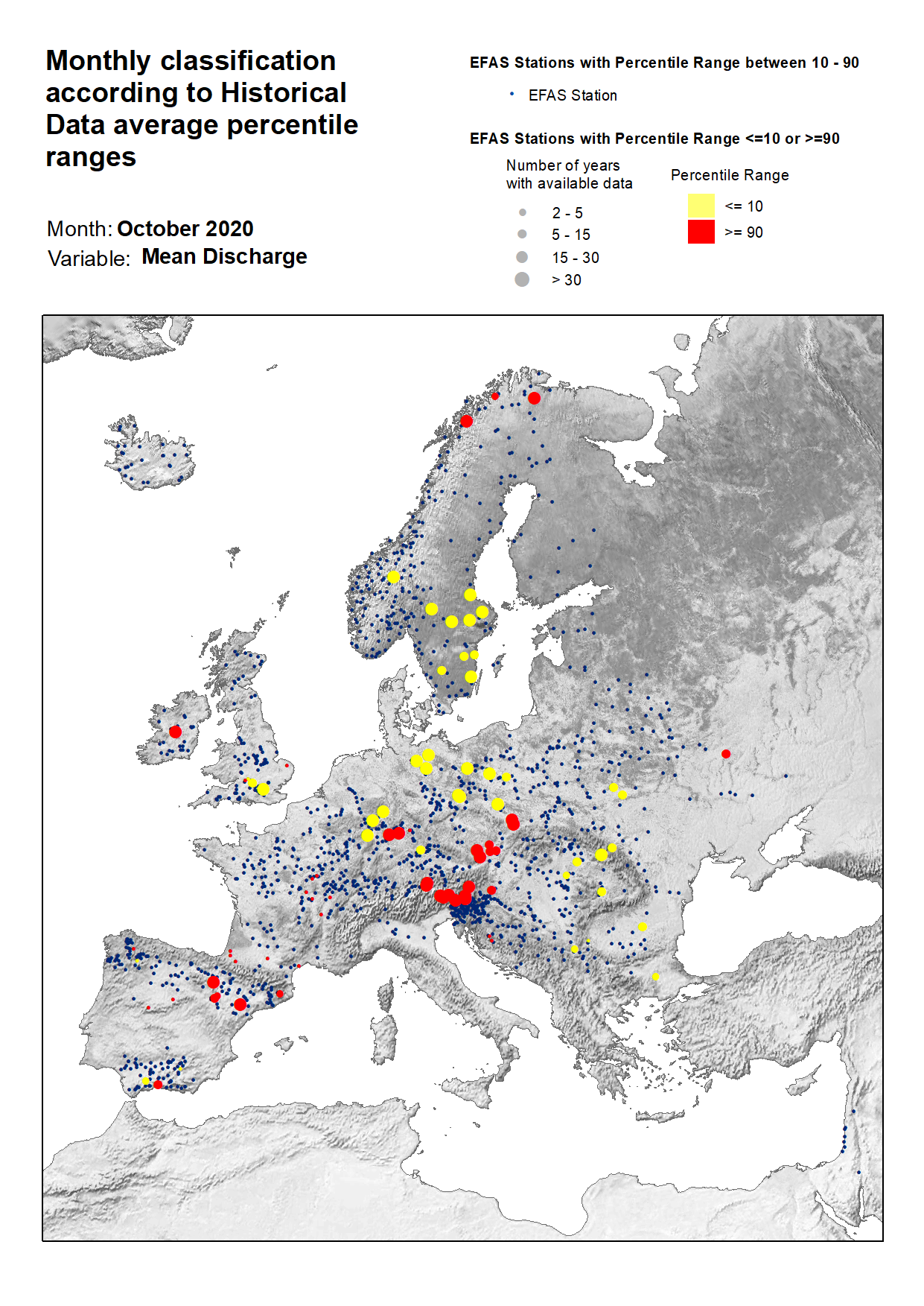 Figure 3. Classification of stations according to discharge historical data average percentile ranges for October 2020.