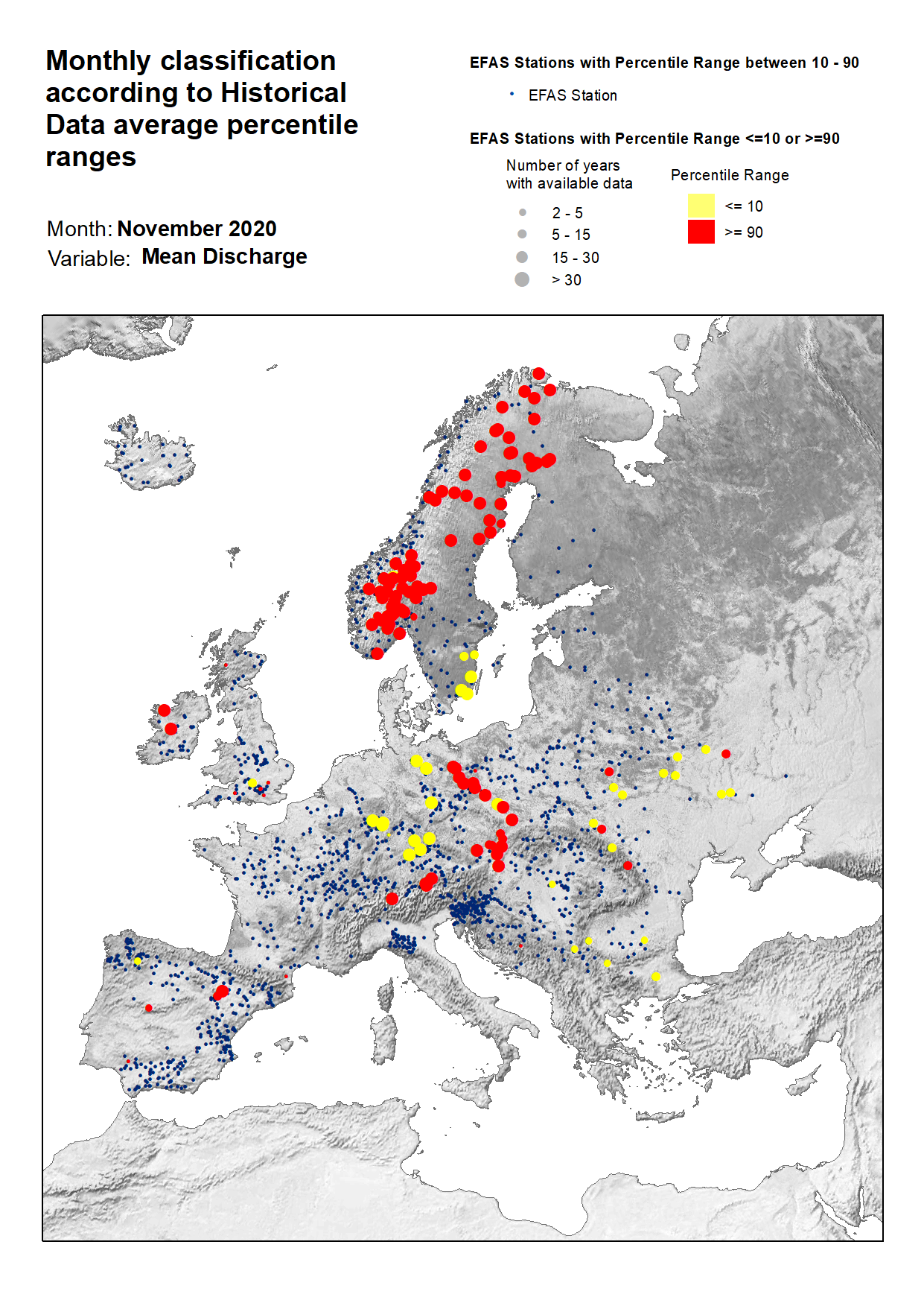 Figure 3. Classification of stations according to discharge historical data average percentile ranges for November 2020.