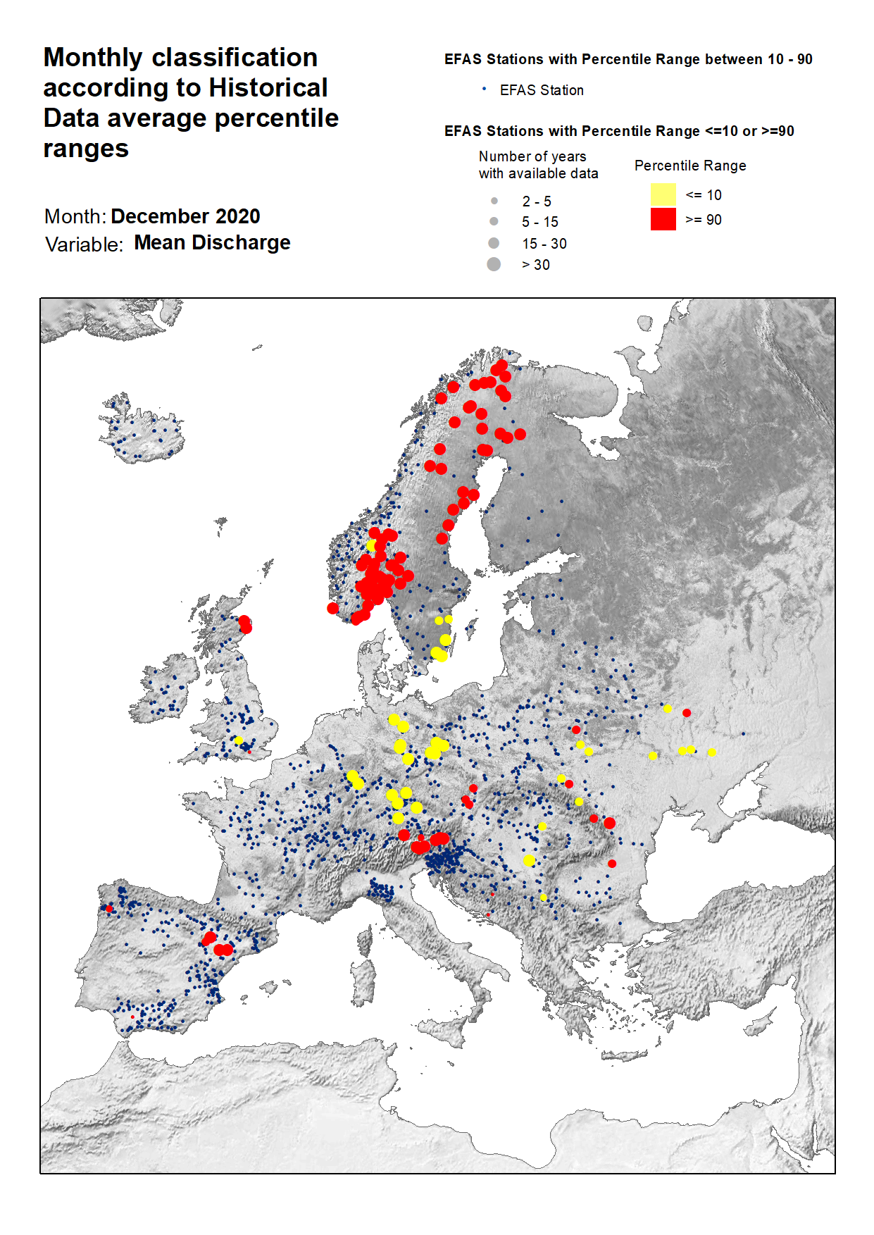 Figure 3. Classification of stations according to discharge historical data average percentile ranges for December 2020