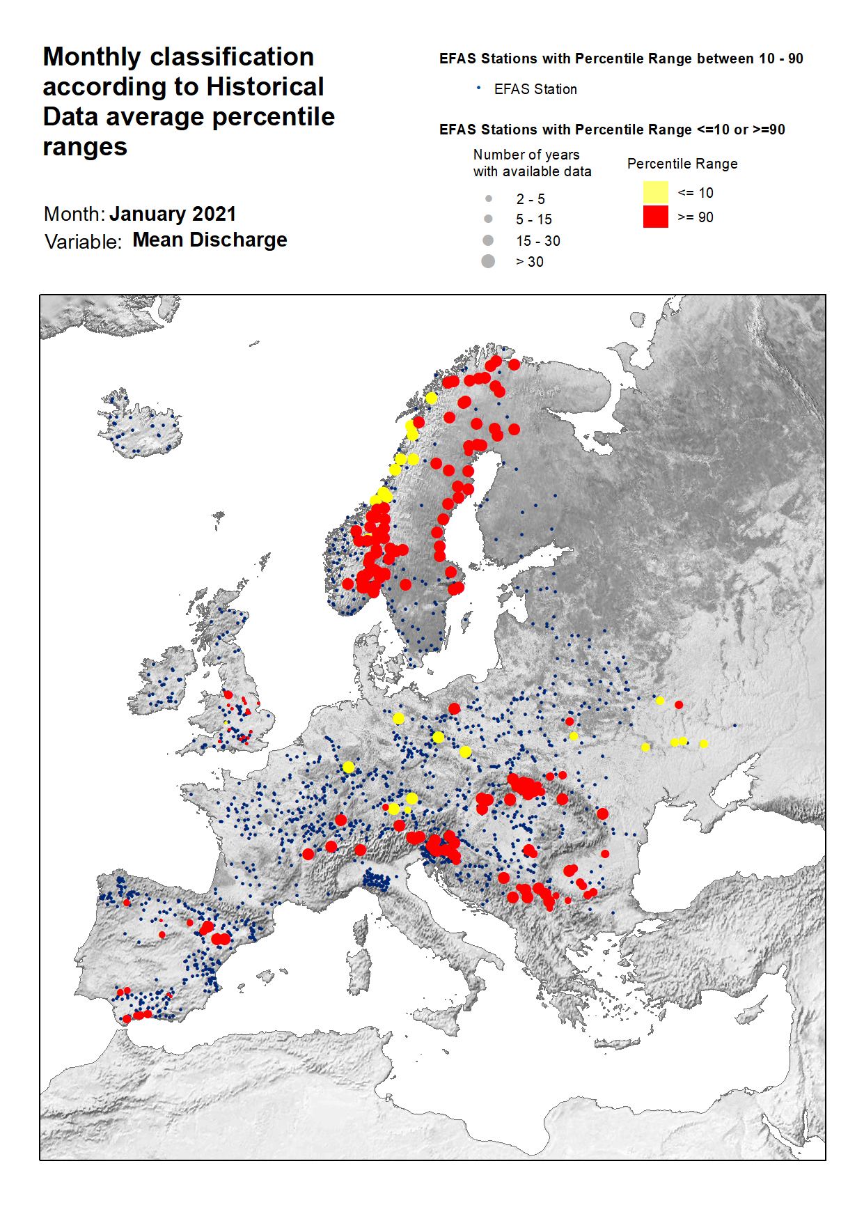 Figure 3. Classification of stations according to discharge historical data average percentile ranges for January 2021.