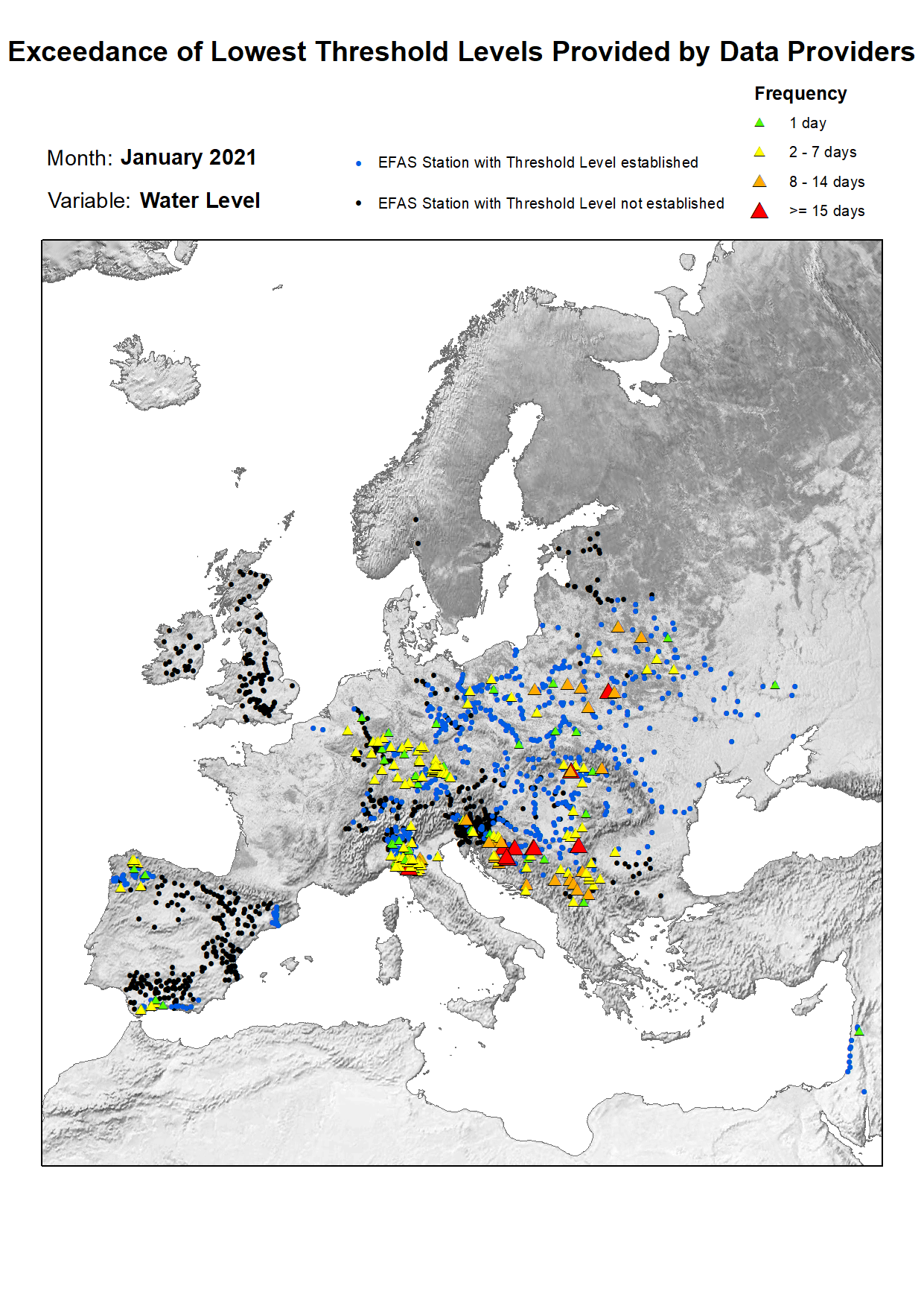 Figure 2. Exceedance of lowest water level threshold level for January 2021.