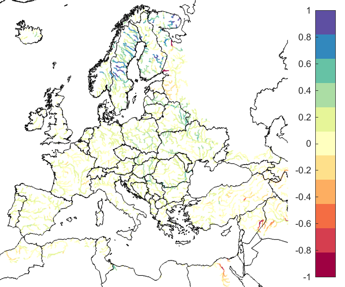 Figure 4. EFAS CRPSS at lead-time 10 days for January 2021, for all catchments. The reference score is persistence.