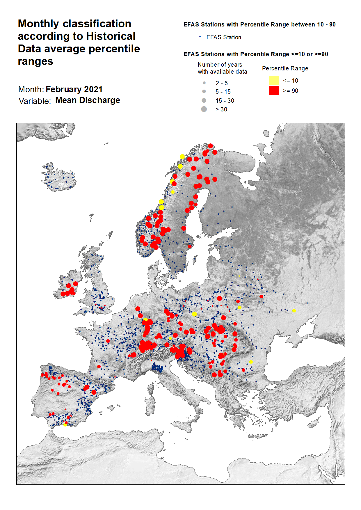 Figure 3. Classification of stations according to discharge historical data average percentile ranges for February 2021.