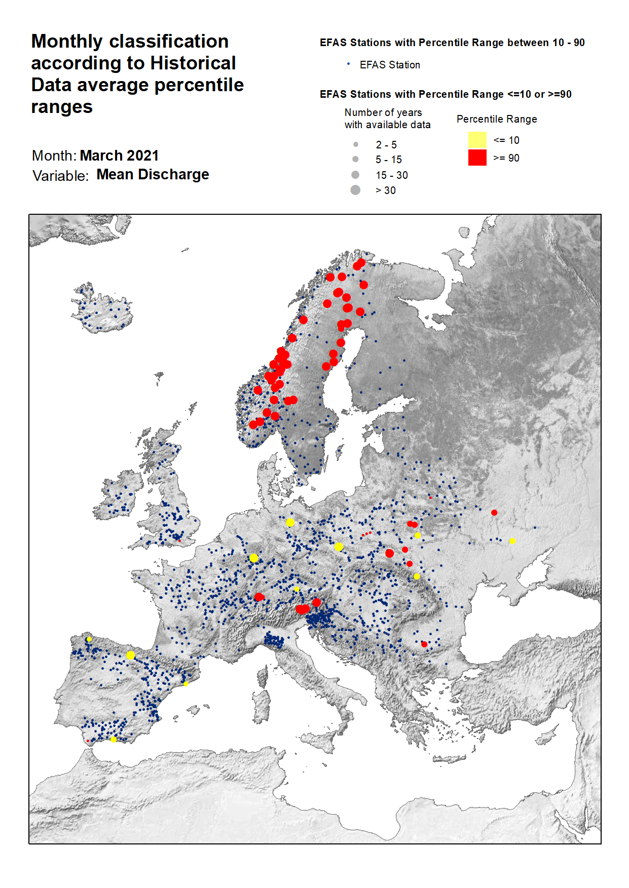 Classification of stations according to discharge historical data average percentile ranges for March 2021.