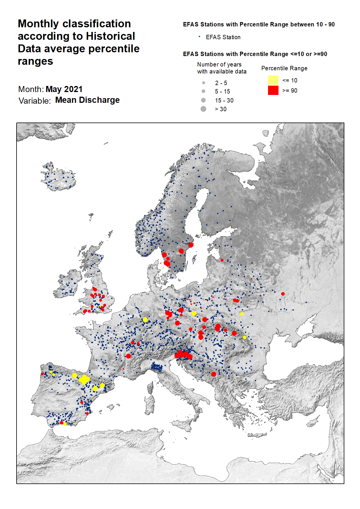 Figure 3. Classification of stations according to discharge historical data average percentile ranges for May 2021.