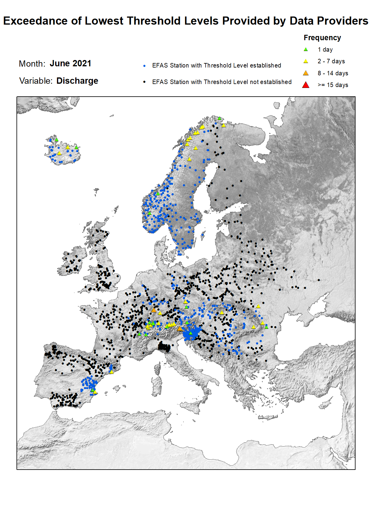 Figure 1. Exceedance of lowest discharge threshold level for June 2021.