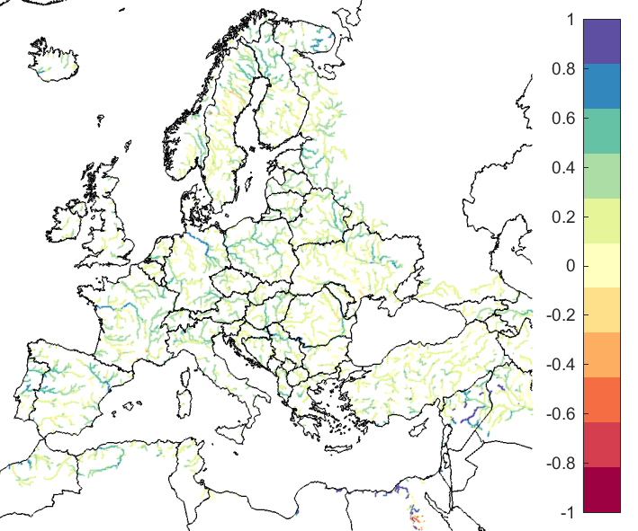 Figure 3. EFAS CRPSS at lead-time 5 days for May 2021, for all catchments. The reference score is persistence.