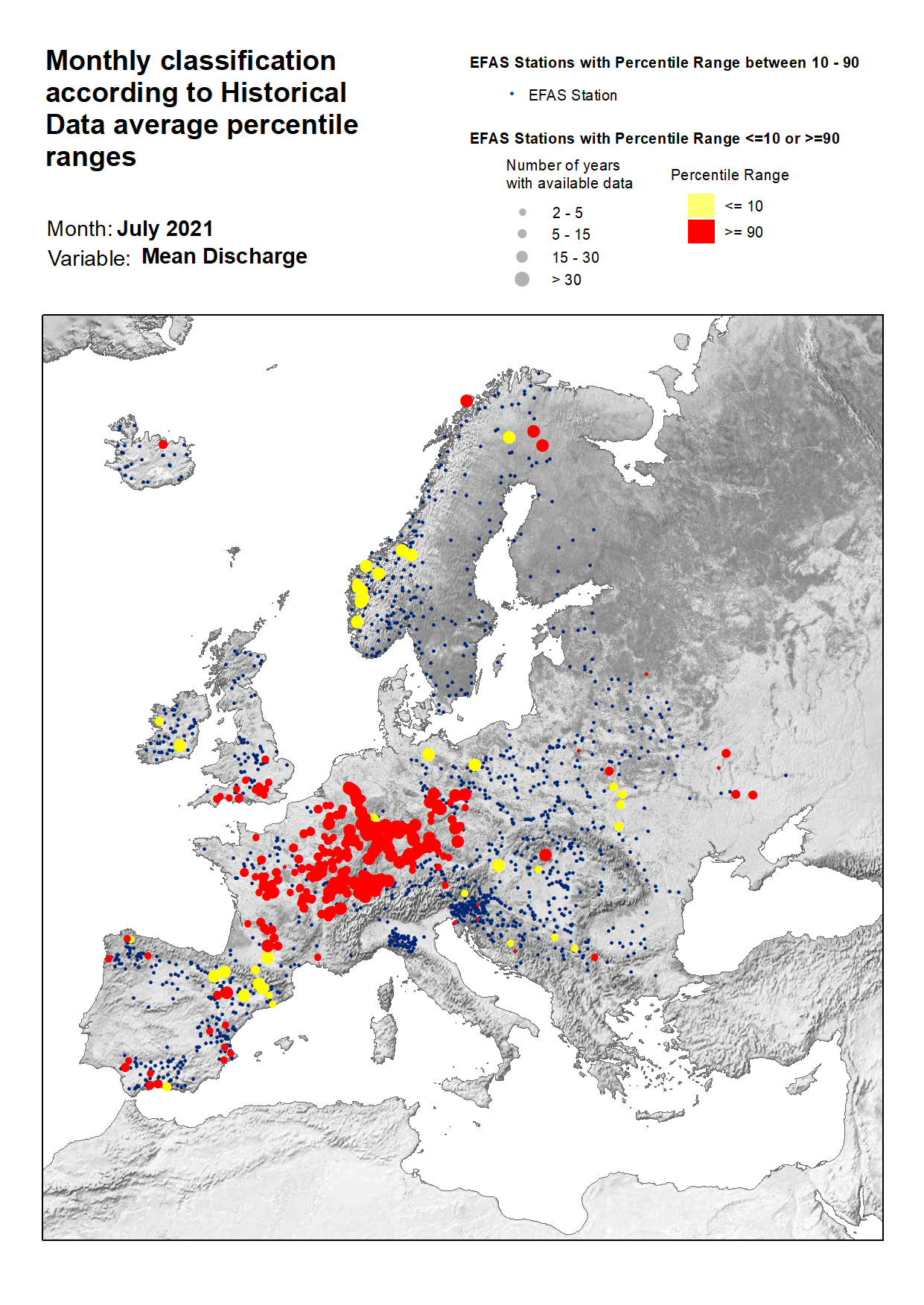 Figure 3. Classification of stations according to discharge historical data average percentile ranges for July 2021.