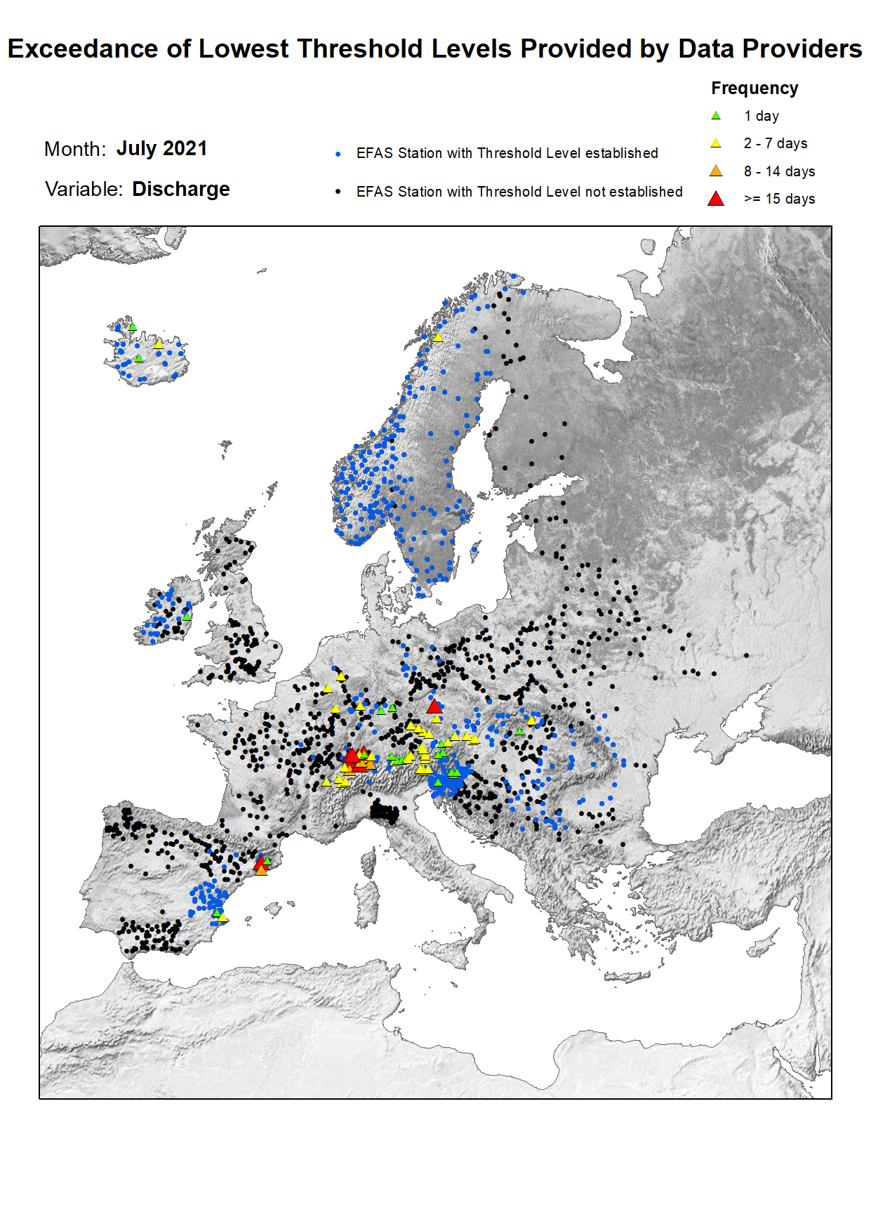 Figure 1. Exceedance of lowest discharge threshold level for July 2021.