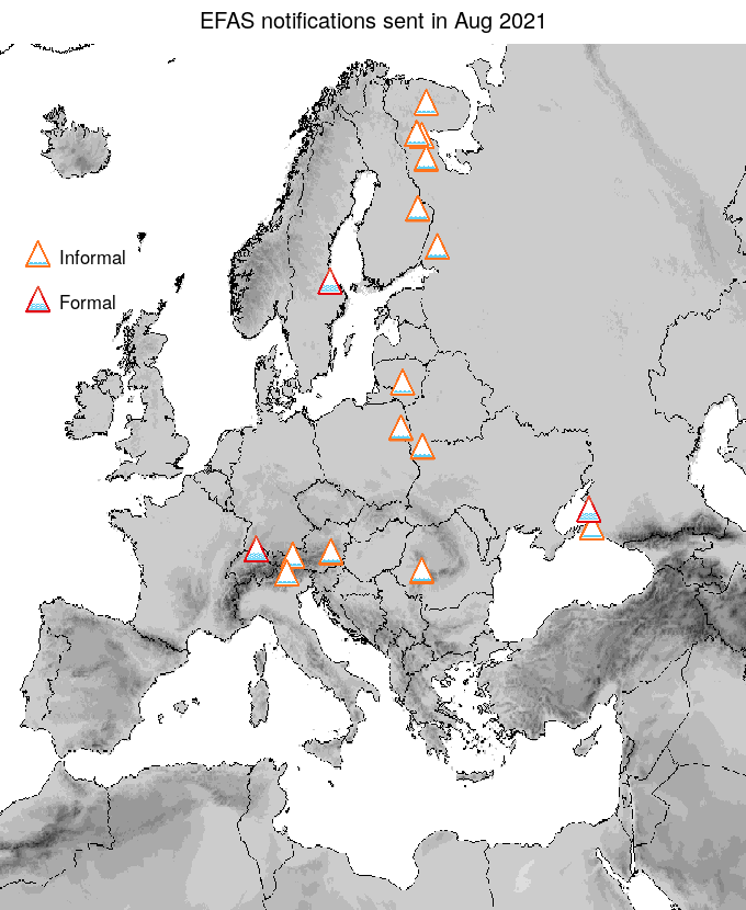 Figure 1. EFAS flood notifications sent for August 2021