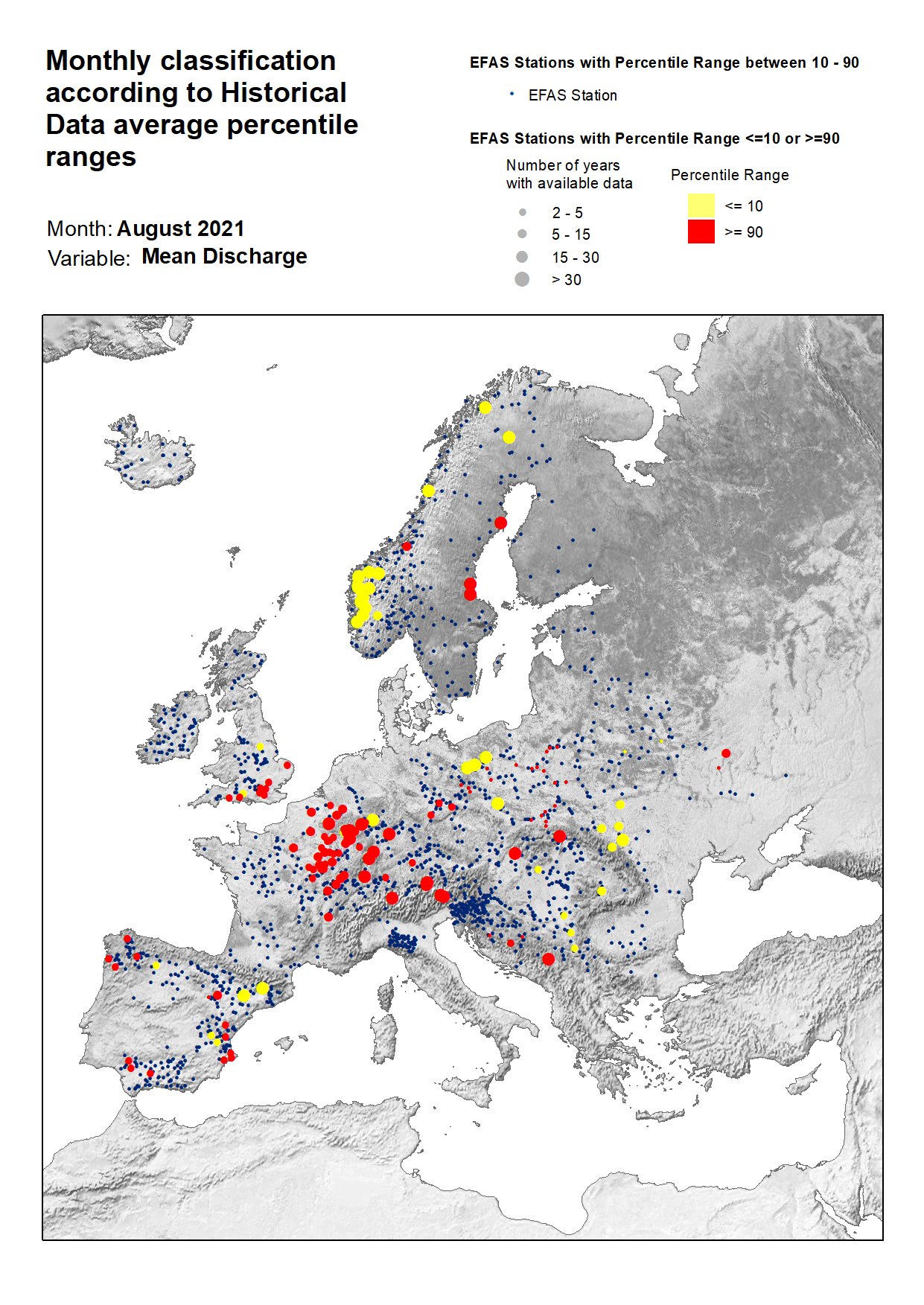 Figure 3. Classification of stations according to discharge historical data average percentile ranges for August 2021.