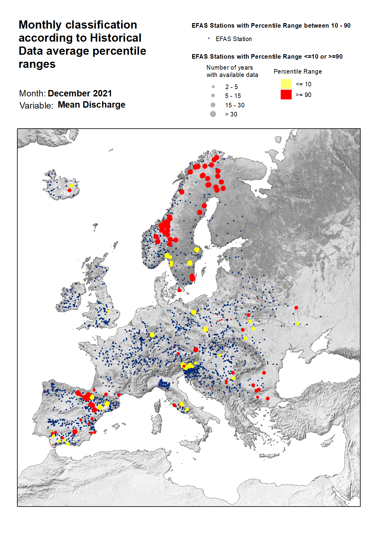 Figure 3. Classification of stations according to discharge historical data average percentile ranges for December 2021.