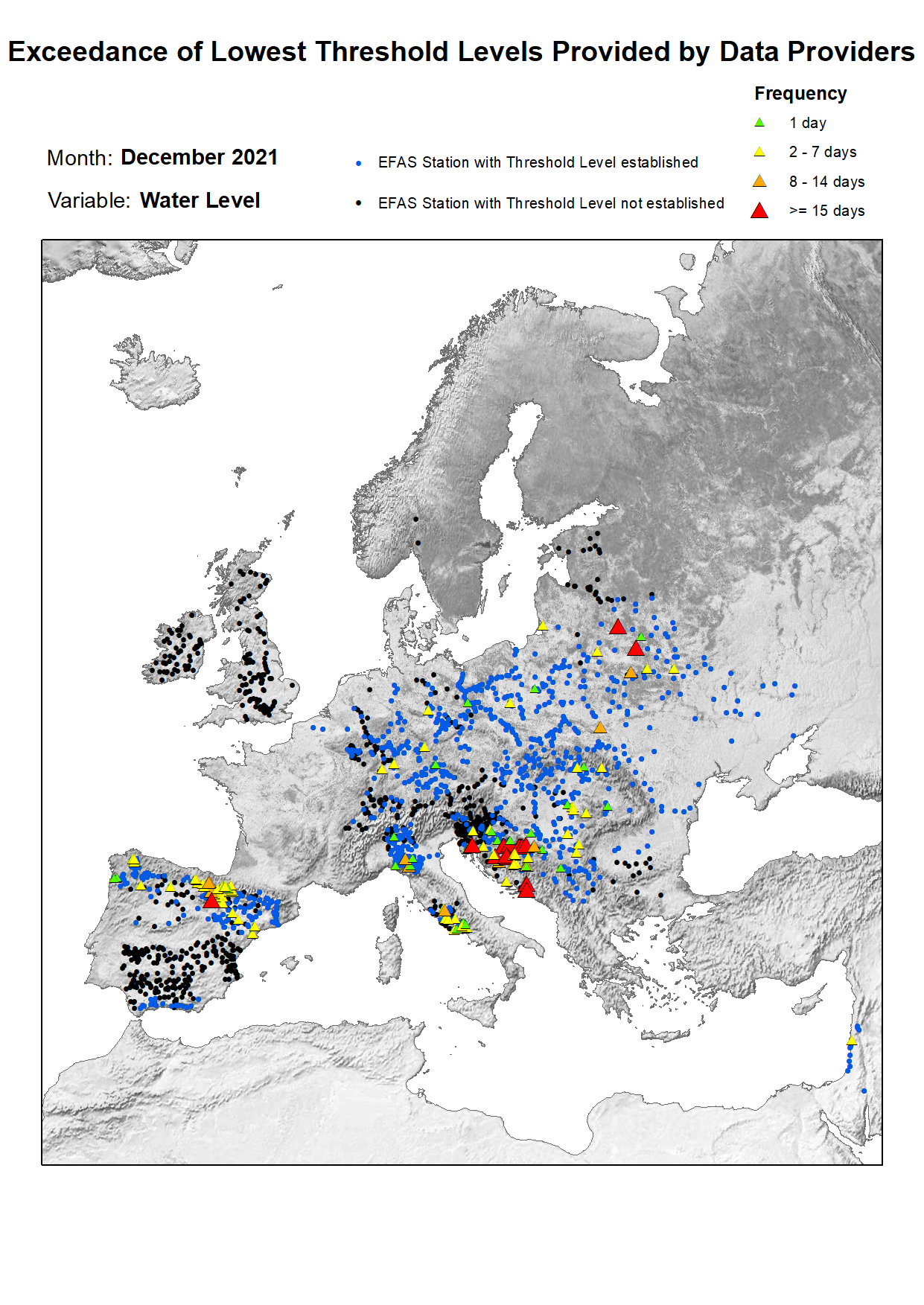 Figure 2. Exceedance of lowest water level threshold level for December 2021.