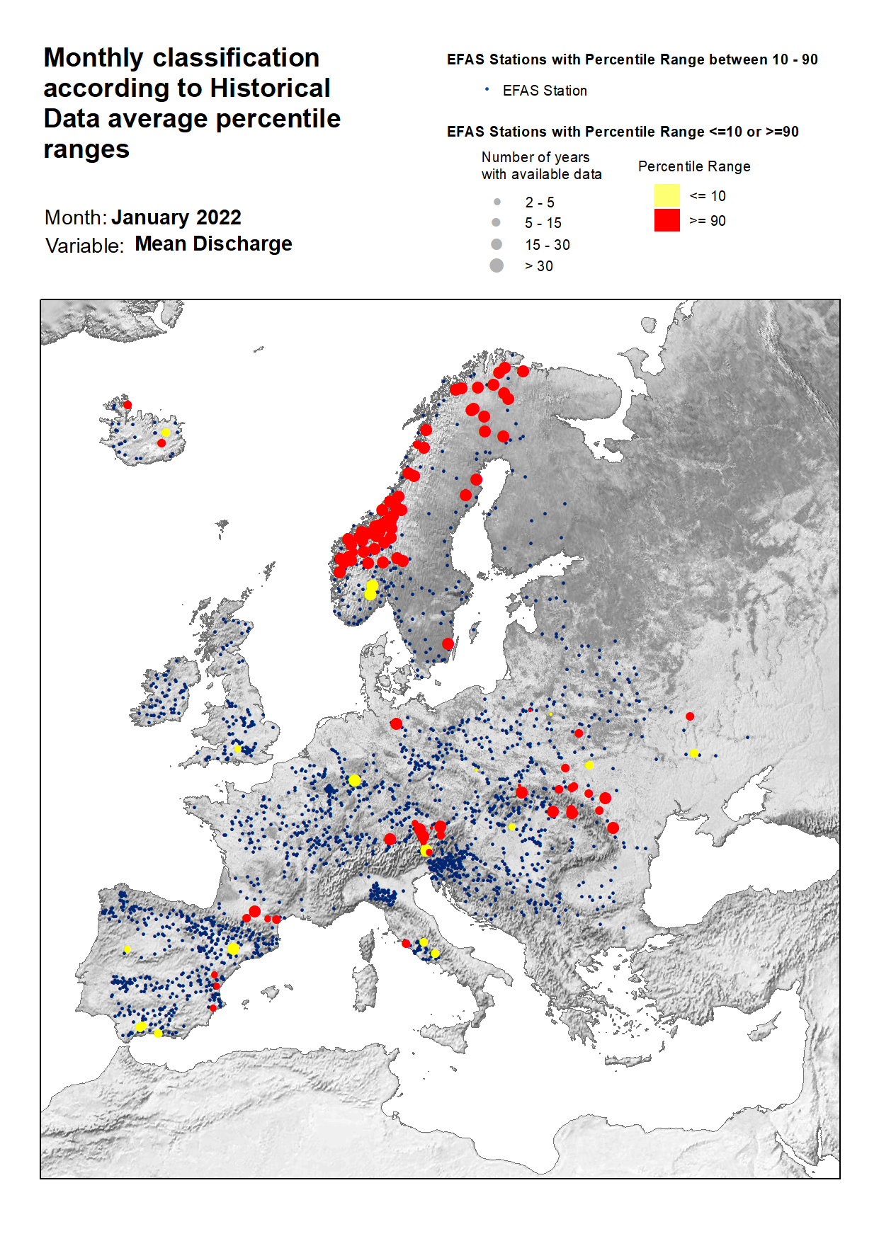 Figure 3. Classification of stations according to discharge historical data average percentile ranges for January 2022.