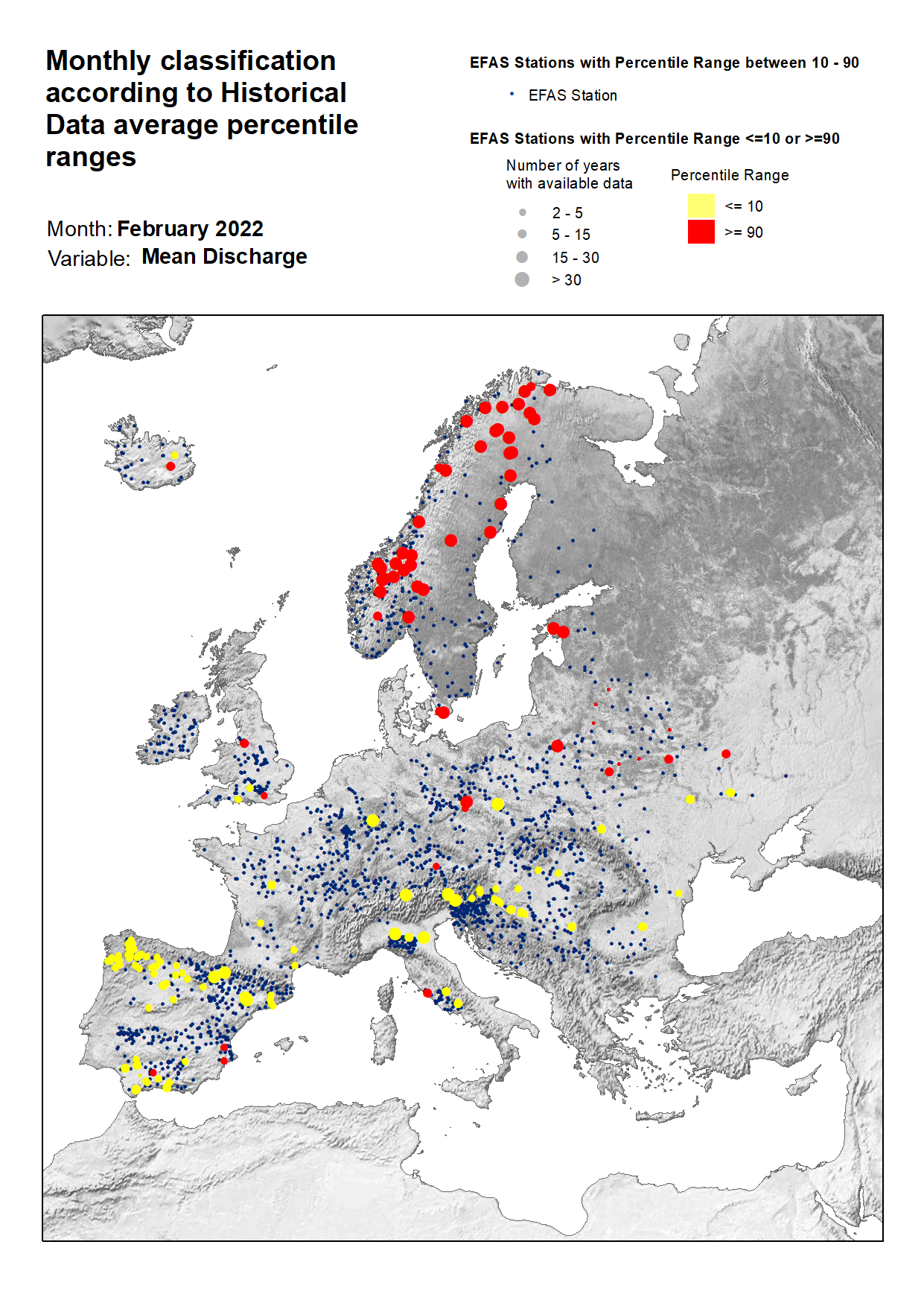 Figure 3. Classification of stations according to discharge historical data average percentile ranges for February 2022