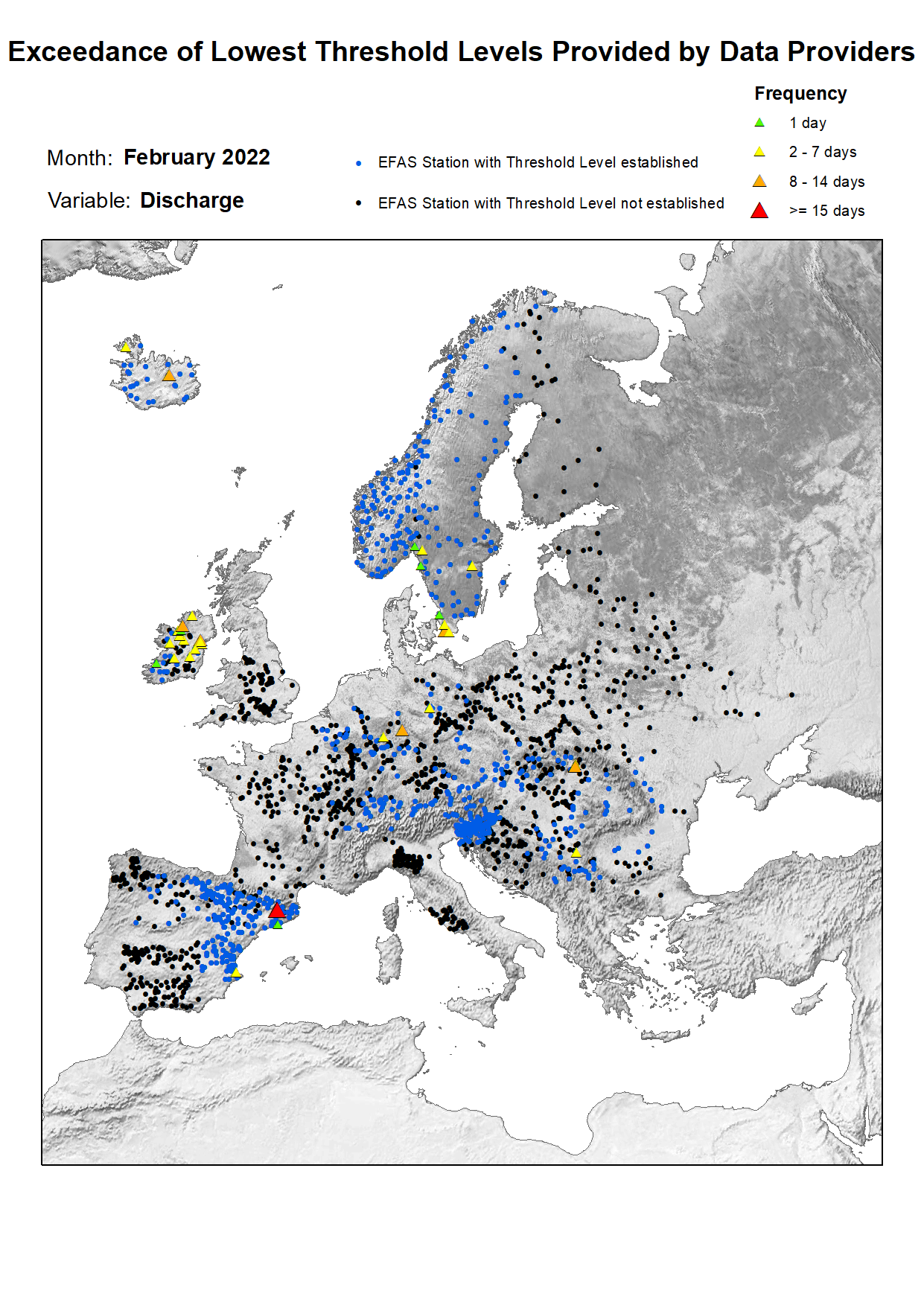 Figure 1. Exceedance of lowest discharge threshold level for February 2022