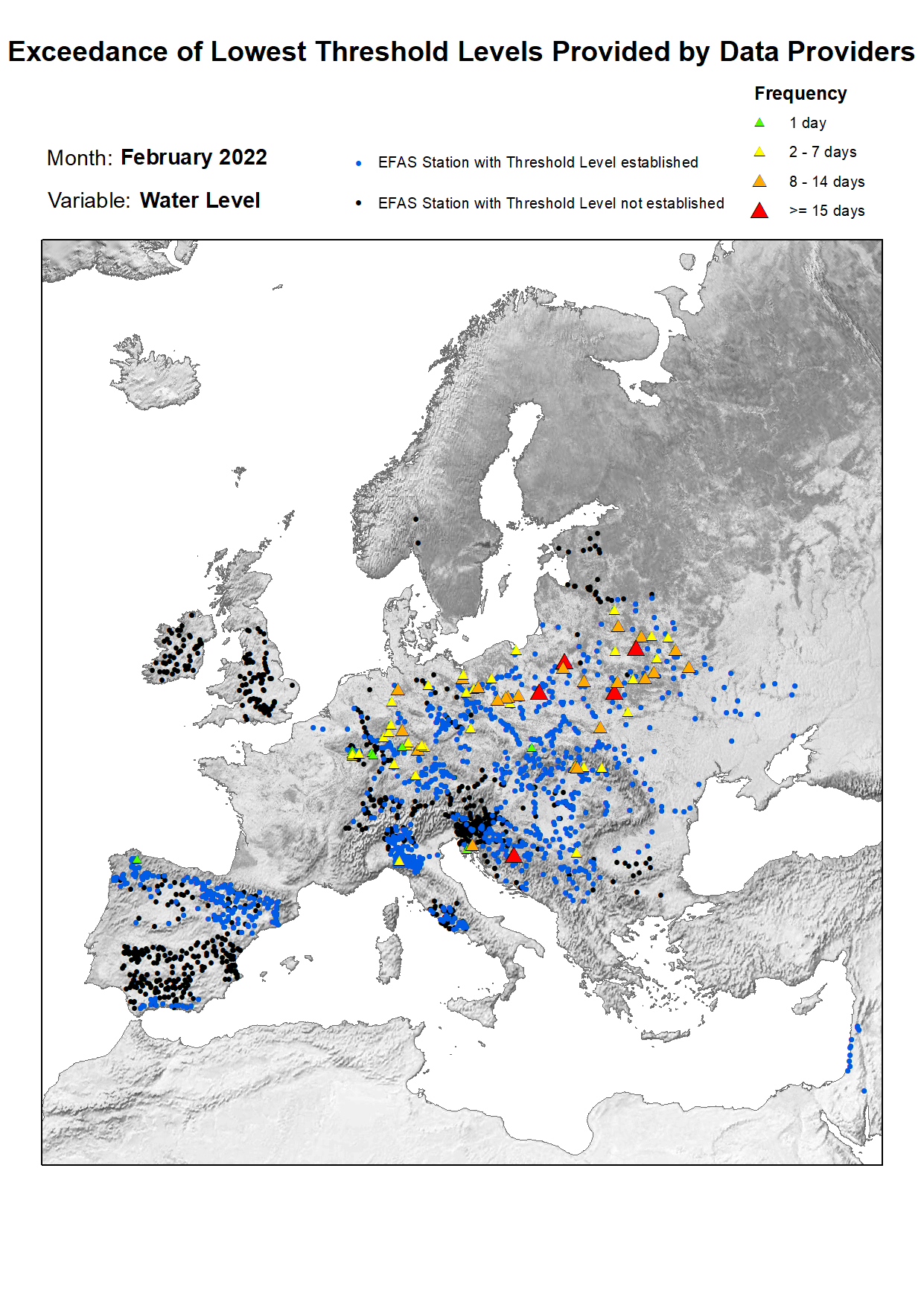 Figure 2. Exceedance of lowest water level threshold level for February 2022