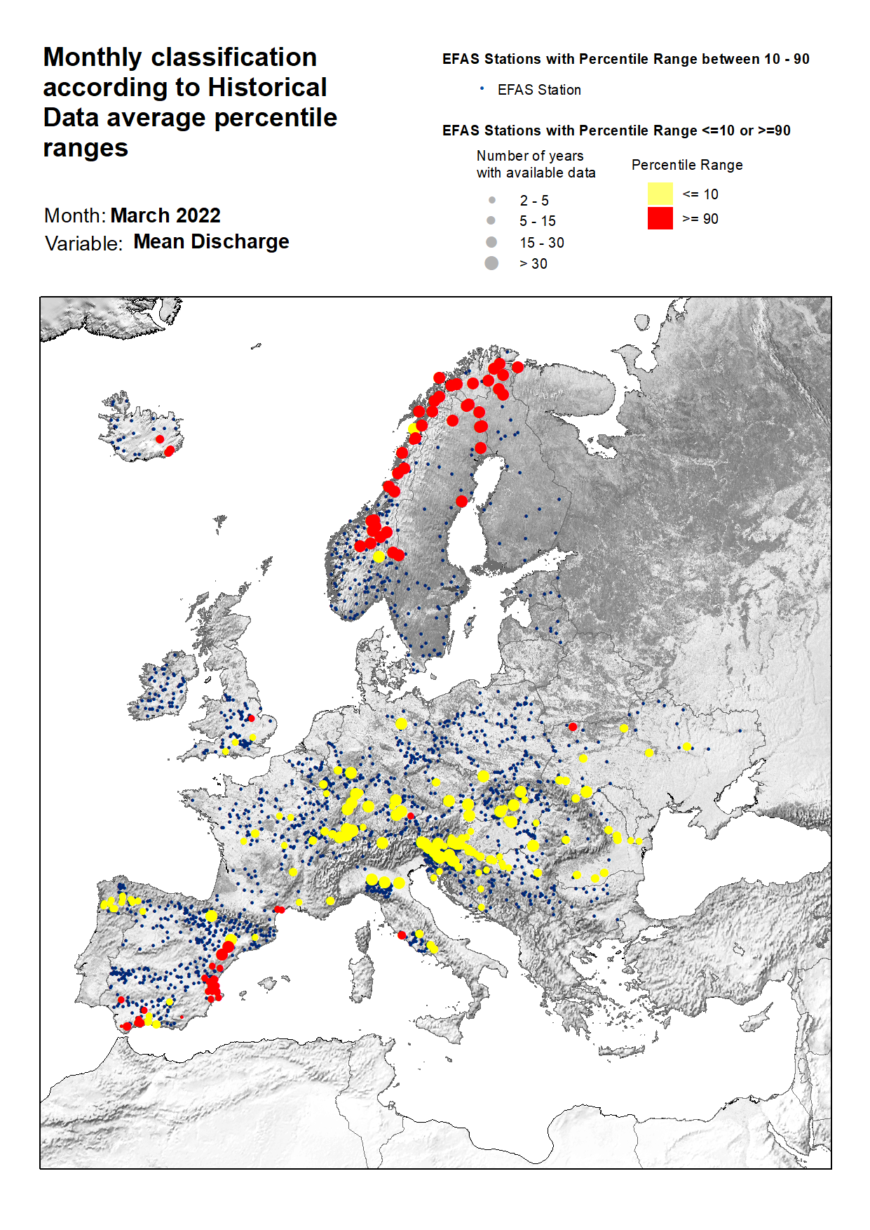 Figure 3. Classification of stations according to discharge historical data average percentile ranges for March 2022.