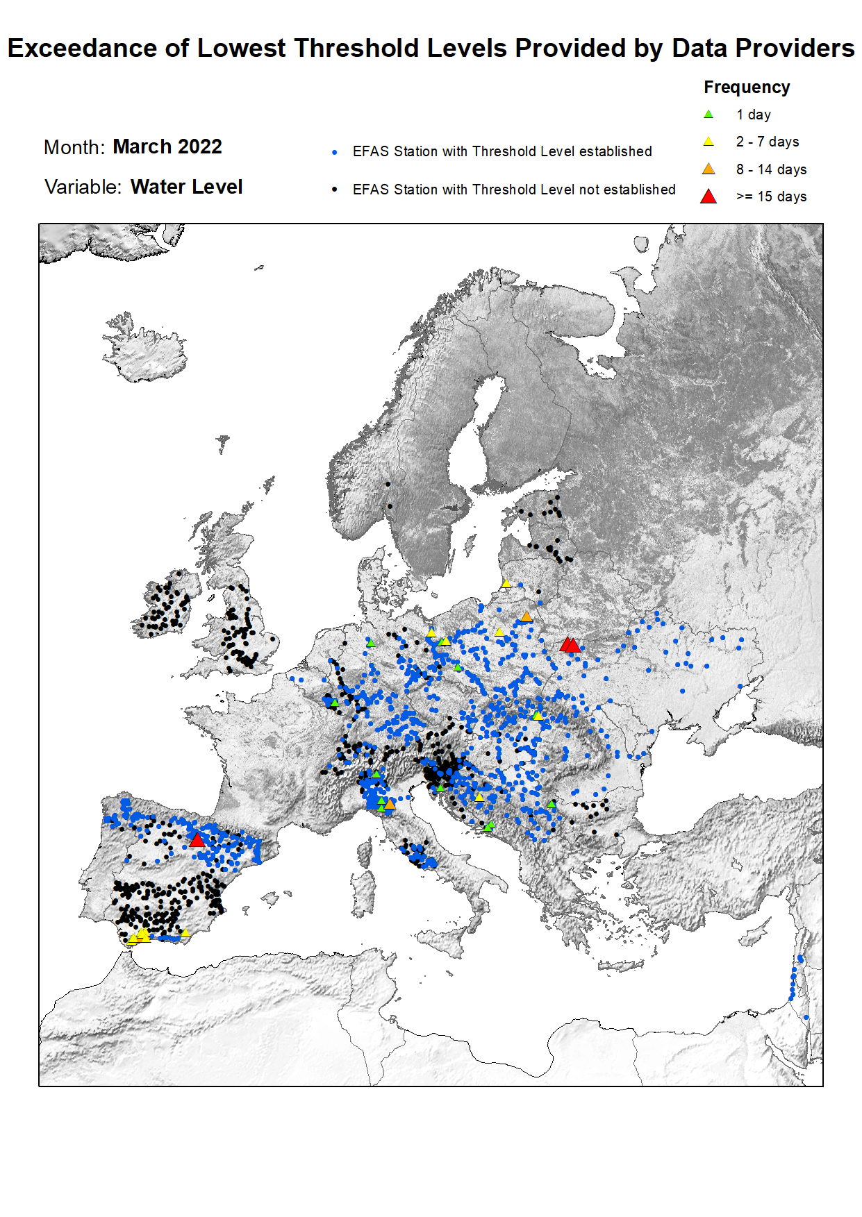 Figure 2. Exceedance of lowest water level threshold level for March 2022